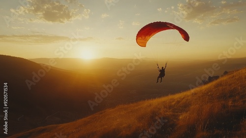 A Parachutist in free fall at the sunset