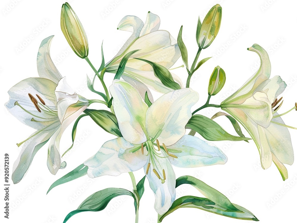 lily clipart with elegant white petals and green stems,Clipart, watercolor illustration, Perfect for nursery art The style is handdrawn, white background lily clipart with elegant white petals and green stems,Clipart, watercolor illustration, Perfect for nursery art The style is handdrawn, white background