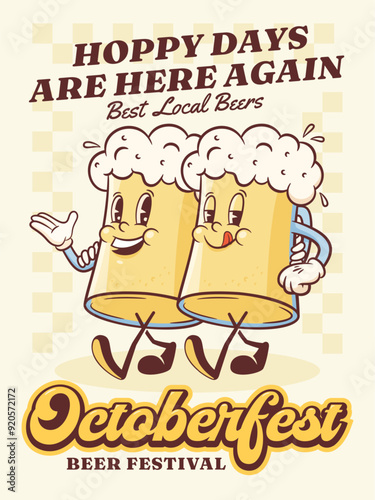Groovy Beer Octoberfest Retro Characters Poster Illustration. Cartoon Glass Mugs Friends Walking and Smiling Vector Food Mascot Template Happy Vintage Cool Beverages Drawing