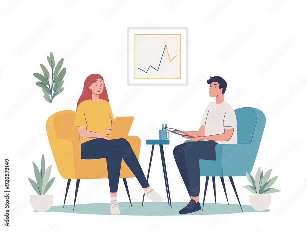 Emotional Support Therapist Providing Guidance and Assistance to Help Client Achieve Breakthrough in Flat Design Emotional Support Therapist Providing Guidance and Assistance to Help Client Achieve Breakthrough in Flat Design