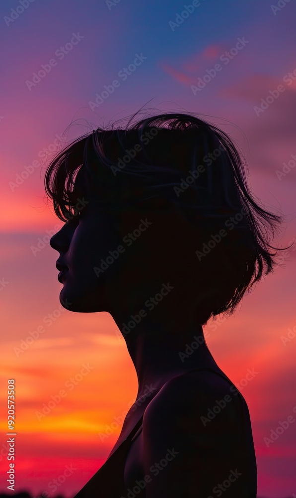 Silhouette of woman with messy hair against colorful sunset sky Purple and orange gradient Dramatic nature backdrop Side profile pose Silhouette of woman with messy hair against colorful sunset sky Purple and orange gradient Dramatic nature backdrop Side profile pose
