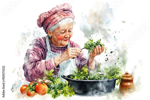 Watercolor illustration of a smiling elderly woman in a headscarf, carefully preparing fresh herbs for a meal in the kitchen.