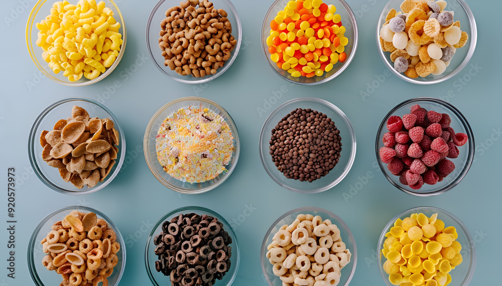 Variety of cold cereals, quick breakfast for kids overhead shot Variety of cold cereals, quick breakfast for kids overhead shot