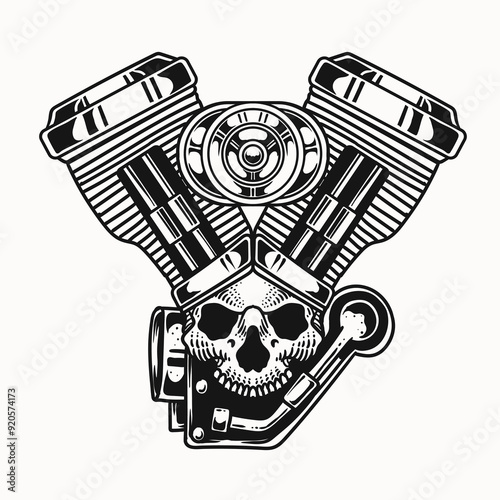 Illustration of vintage skull v twin engine, vector hand drawn, monochrome style