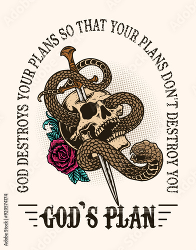 Illustration vintage skull rose flower with snake