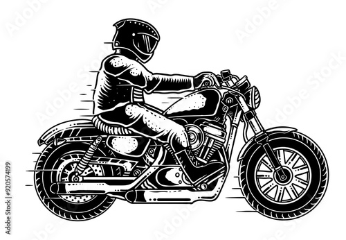Illustration of vintage motorcycle rider line art style on white background