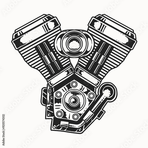 Illustration of vintage v twin engine, vector hand drawn, monochrome style