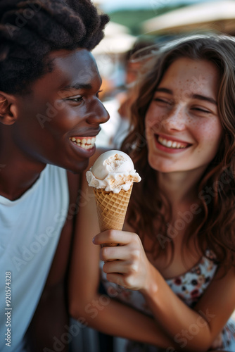 Close-up of a smiling African-American man and Caucasian woman sharing an ice cream cone outdoors photo