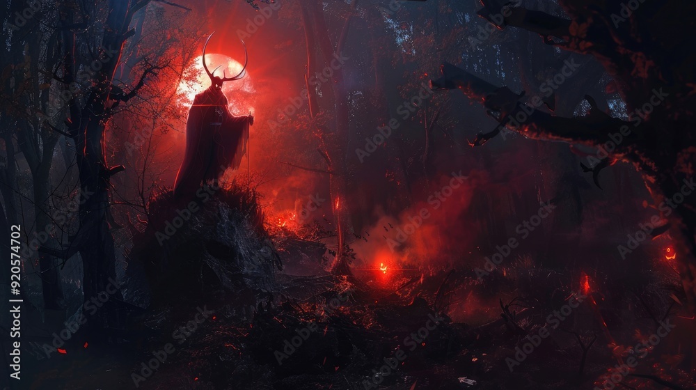 Halloween demon man in top of mountain with red sun light in forest background Halloween demon man in top of mountain with red sun light in forest background