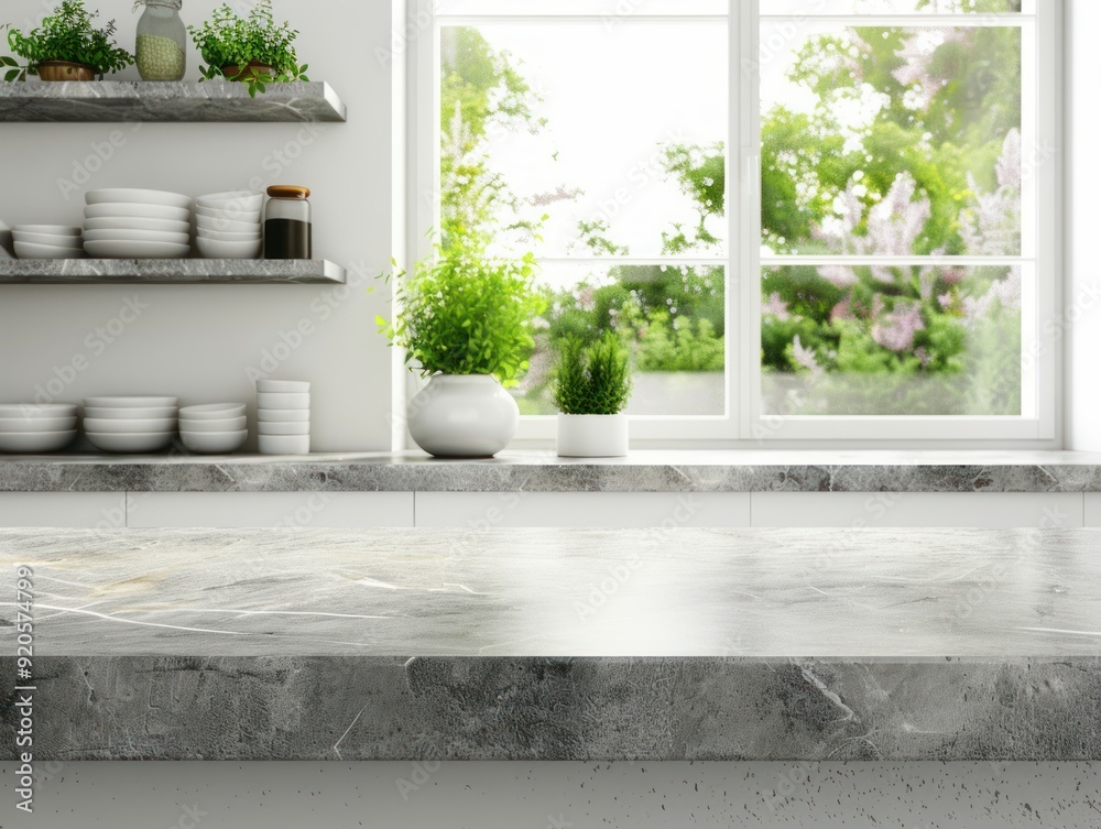 modern kitchen interior, marble top on background of modern white kitchen with window and shelves modern kitchen interior, marble top on background of modern white kitchen with window and shelves