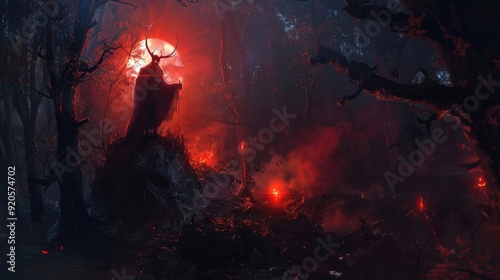 Halloween demon man in top of mountain with red sun light in forest background photo