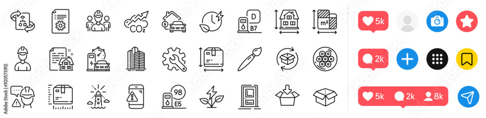 Co2, Open box and Skyscraper buildings line icons pack. Social media icons. Builder warning, Package size, Eco power web icon. Brush, Technical documentation, Charging time pictogram. Vector