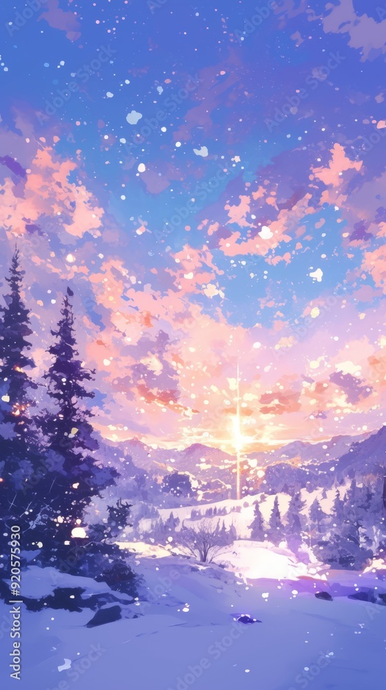 Fototapeta premium Enchanting Anime Winter Wonderland: Dreamy Twilight Snow Scene with Vibrant Sunset Hues. Magical Animated Landscape for Seasonal Greetings, Book Illustrations, and Creative Marketing. AI-Generated 4K