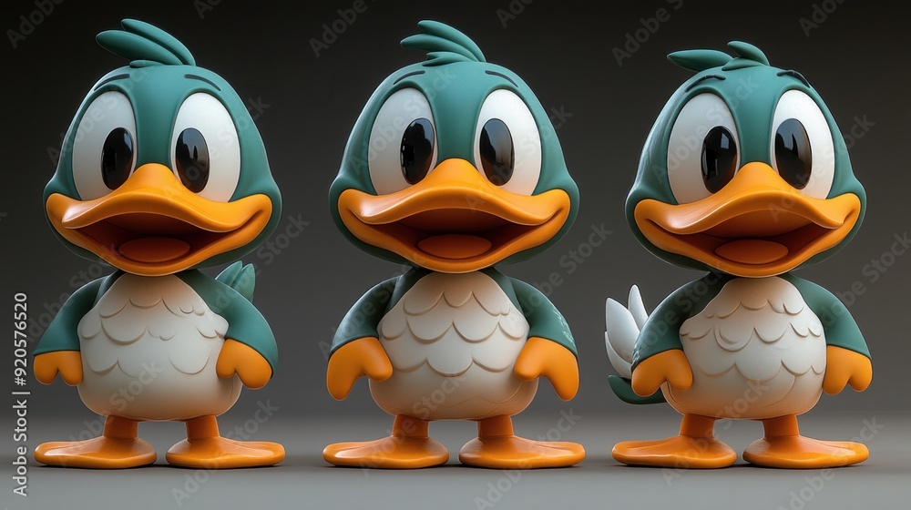 Three cartoon ducks with big eyes and open mouths looking happy and friendly.