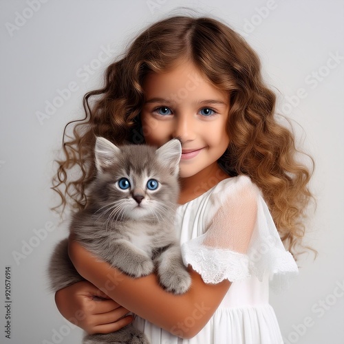 une petite fille aux cheveux châtains bouclés qui porte une robe blanche qui tient un petit chaton gris aux yeux bleus dans les bras sur un fond blanc