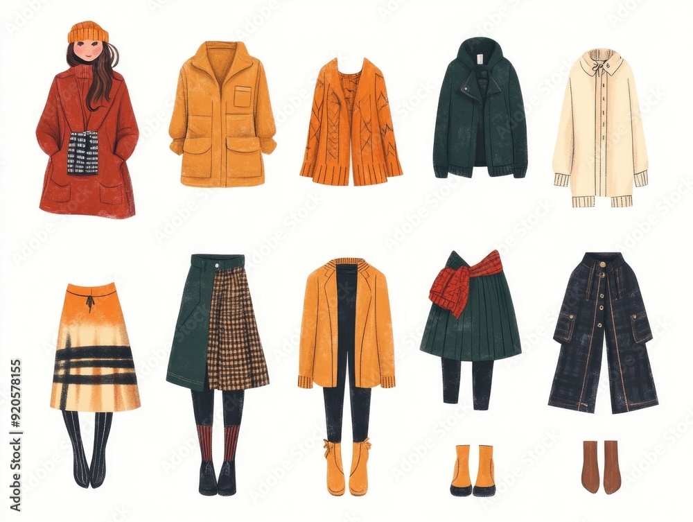 Fashionable and Trendy Seasonal Outfit Showcased Through Flat Design Concept Stylish and Sophisticated Apparel and Accessory Compositions for Clothing and Lifestyle Catalog or Lookbook Fashionable and Trendy Seasonal Outfit Showcased Through Flat Design Concept Stylish and Sophisticated Apparel and Accessory Compositions for Clothing and Lifestyle Catalog or Lookbook