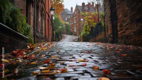 The rainy day illuminates the cobblestone path that leads up the hill, surrounded by historic brick buildings. #920578309