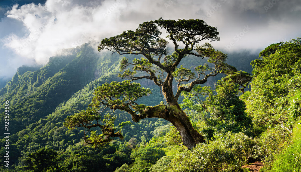 Obraz premium a big tree in mountain landscape background