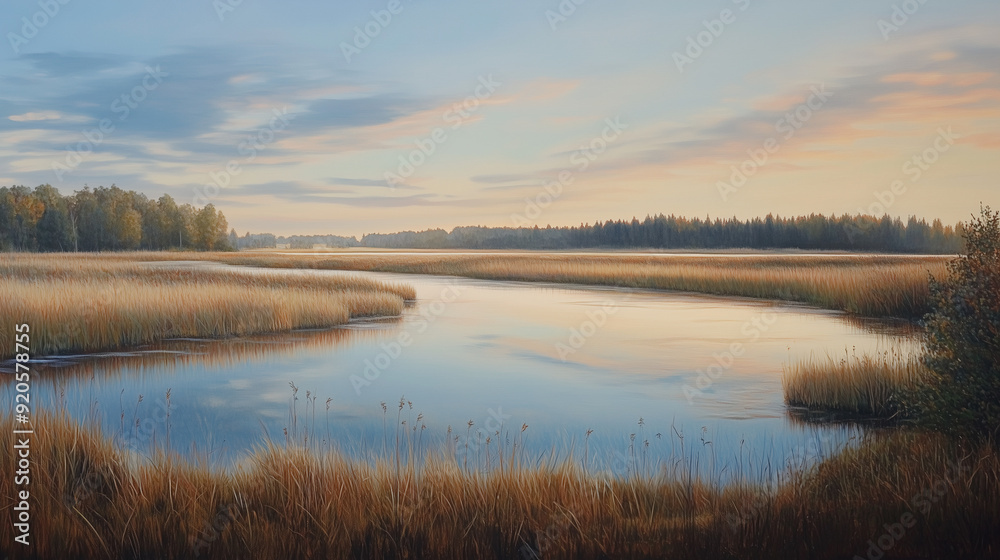An idyllic landscape where the still water of the marsh reflects the setting sun, surrounded by tall grasses and a line of trees in the distance. An idyllic landscape where the still water of the marsh reflects the setting sun, surrounded by tall grasses and a line of trees in the distance.