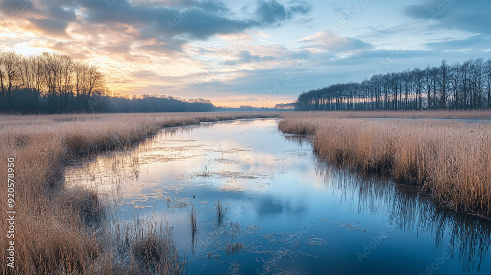 Fototapeta premium An idyllic landscape where the still water of the marsh reflects the setting sun, surrounded by tall grasses and a line of trees in the distance.