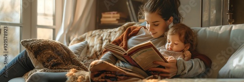 A mother reading a book to her child while sitting on a cozy couch by a window, warm light illuminating the serene, heartwarming scene. photo