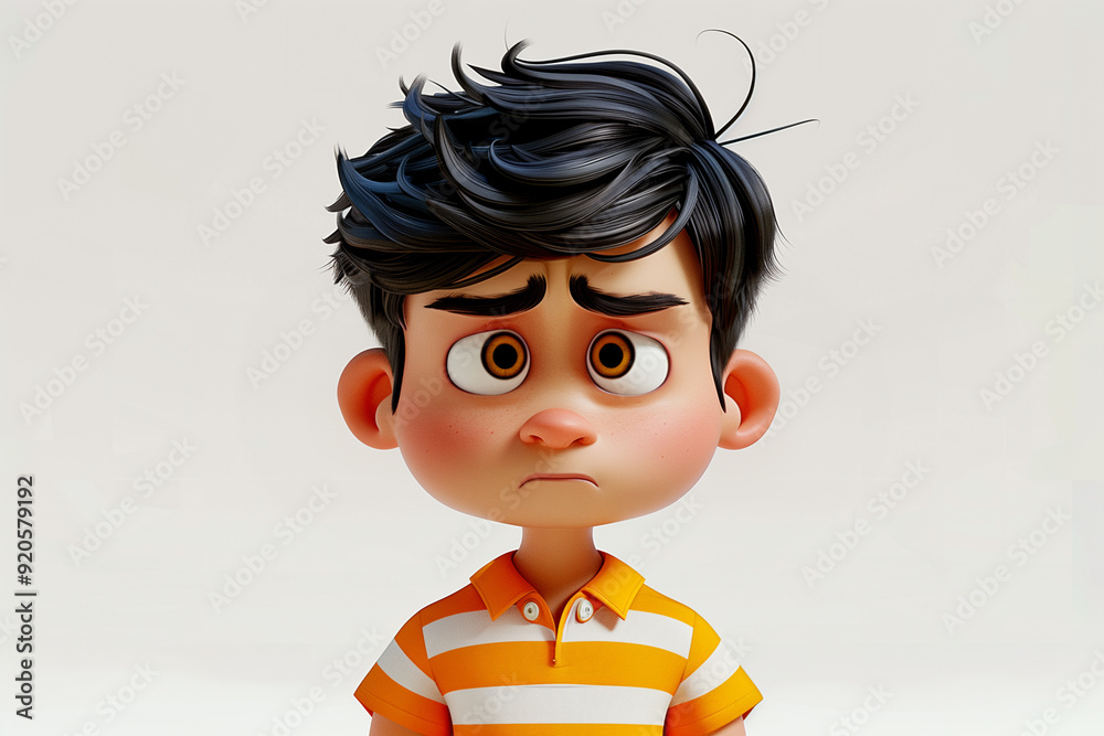 Sad stressed upset cartoon character young man boy teen person wearing orange stripped shirt in 3d style design on light background. Human people feelings expression concept Sad stressed upset cartoon character young man boy teen person wearing orange stripped shirt in 3d style design on light background. Human people feelings expression concept