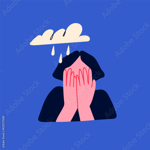 Young person covering face with hands. Rainy cloud. Depression, frustration, mental disorder, anxiety, sad mood concept. Cartoon character. Hand drawn Vector Illustration. Isolated design element