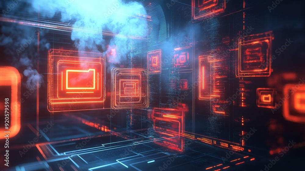 Fototapeta premium Floating Holographic Firewall Icons in a High-Tech Room with Digital Smoke and Glowing Patterns