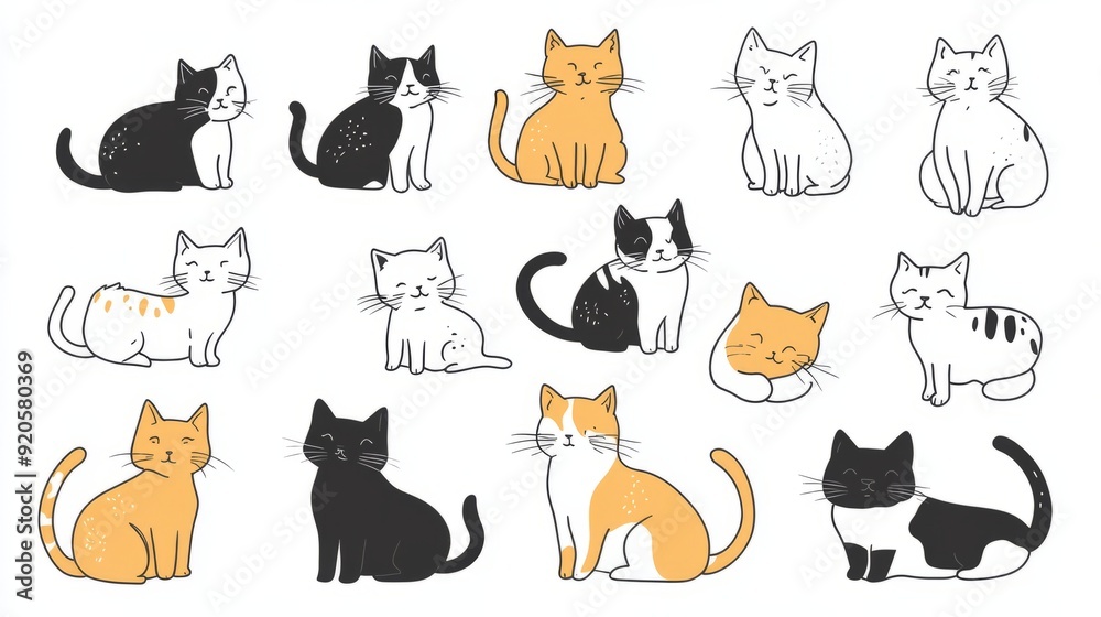 Fototapeta Set of illustration with happy cute different cat character on white color background. Flat line art style design of group of animal cat in different pose