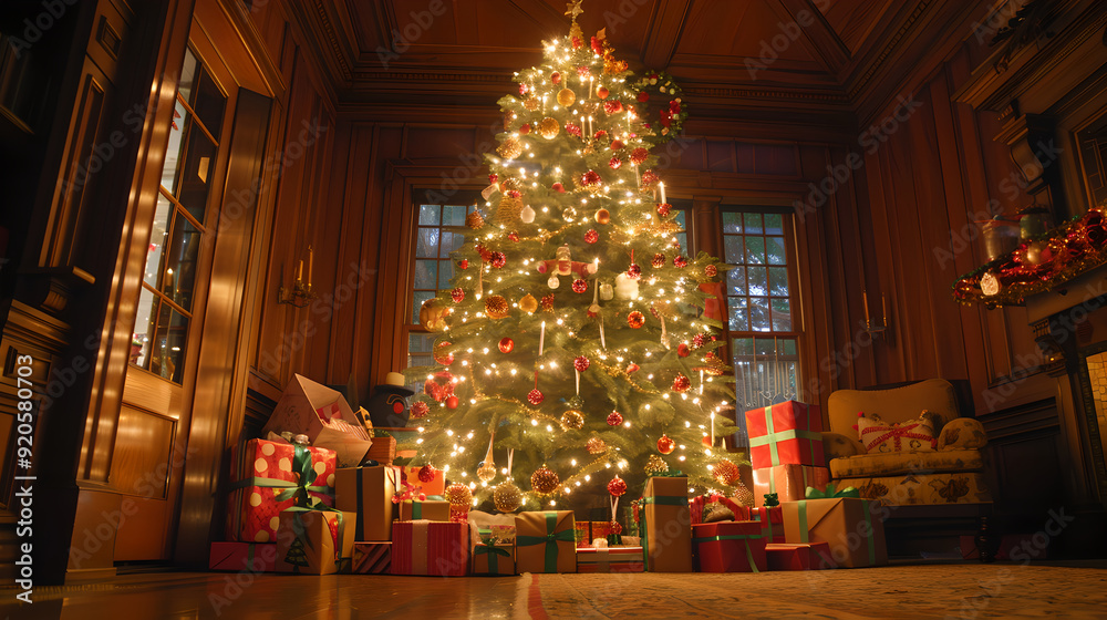 The Christmas and New Year holidays come to life with a towering Christmas tree, brightly lit and surrounded by gifts. The Christmas and New Year holidays come to life with a towering Christmas tree, brightly lit and surrounded by gifts.