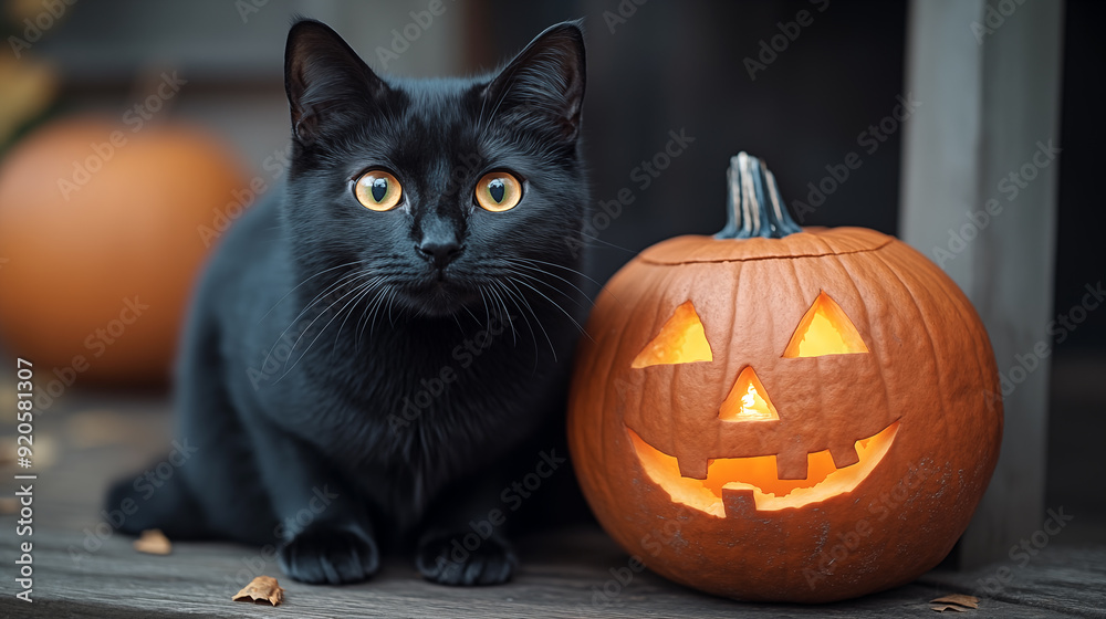 Black cat with Halloween pumpkin jack-o-lantern on wooden background Black cat with Halloween pumpkin jack-o-lantern on wooden background