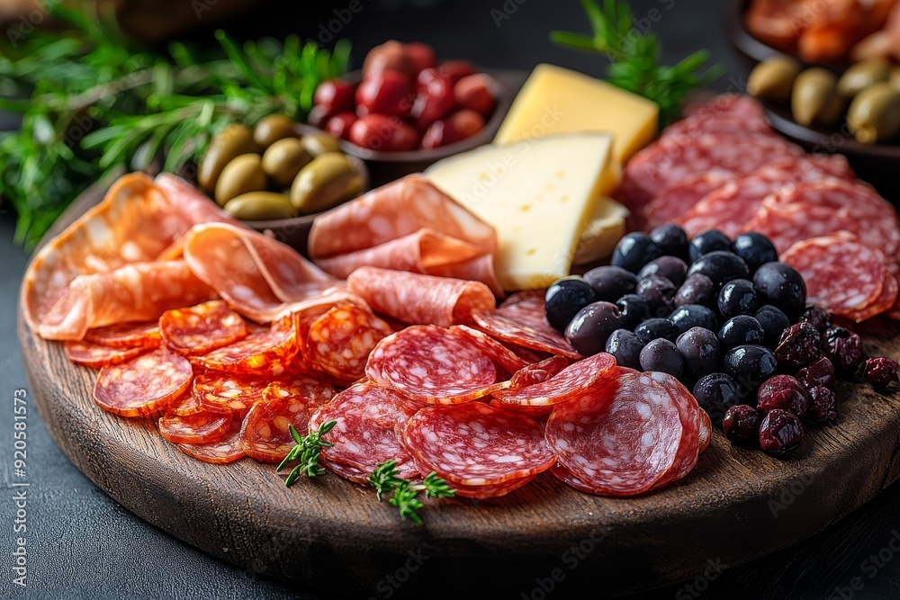 Charcuterie board with a variety of cured meats, cheeses, olives, and nuts, artfully arranged on a wooden board Charcuterie board with a variety of cured meats, cheeses, olives, and nuts, artfully arranged on a wooden board