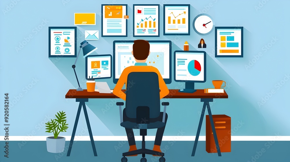 Businessman Working at Desk with Charts and Graphs. Businessman Working at Desk with Charts and Graphs.
