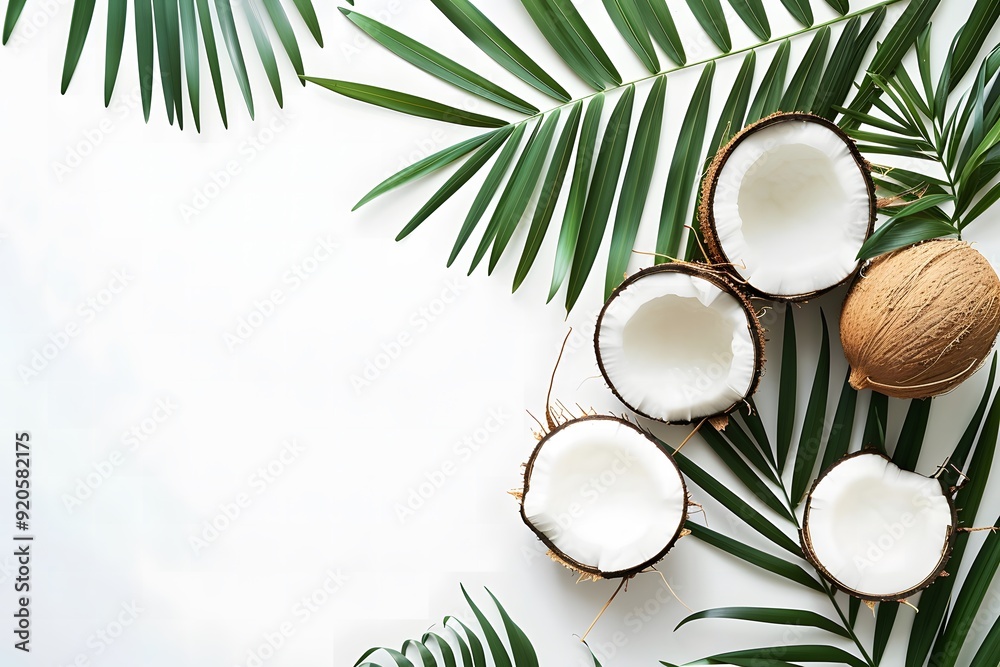 Coconut with palm leaf on white background. Flat lay, top view. Summer background with natural organic food, Top view with copy space Coconut with palm leaf on white background. Flat lay, top view. Summer background with natural organic food, Top view with copy space