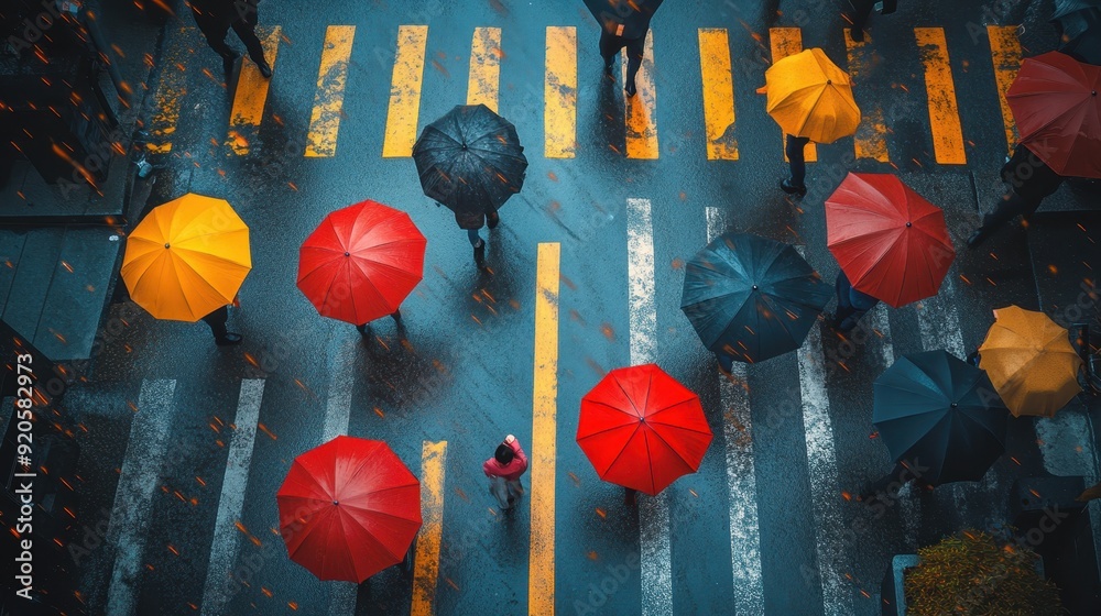Top view of people holding umbrellas walking crossing street on the ...