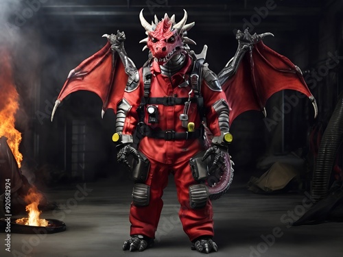 Dragon in a firefighter suit full length AI generated 