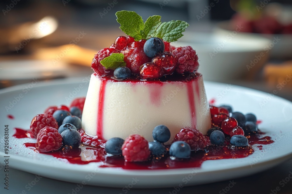 Delicate panna cotta dessert topped with fresh berries and a sprig of mint, served on a white porcelain plate Delicate panna cotta dessert topped with fresh berries and a sprig of mint, served on a white porcelain plate