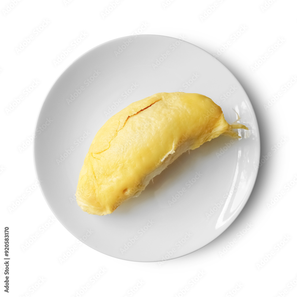 Durian Pulp Served on a White Porcelain Plate Durian Pulp Served on a White Porcelain Plate