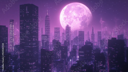 Vector illustration of night city and full moon with galaxy under starry sky,cityscape and its reflection,Dark urban,Night town in flat style,purple tone,Panorama of the city,Square banner concept.