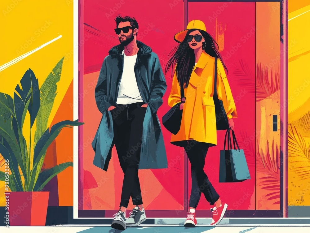 Obraz premium Innovative flat design showcasing the of contemporary street style and fashion trends into a cohesive retail design concept for a modern urban inspired clothing and accessories collection