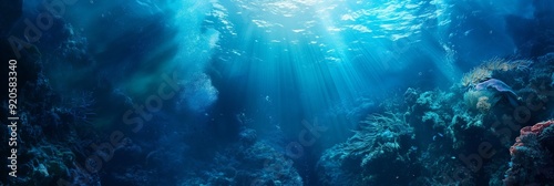 Bright, azure ocean with sunlight streaming through, casting an ethereal glow on the coral formations and marine life below. photo