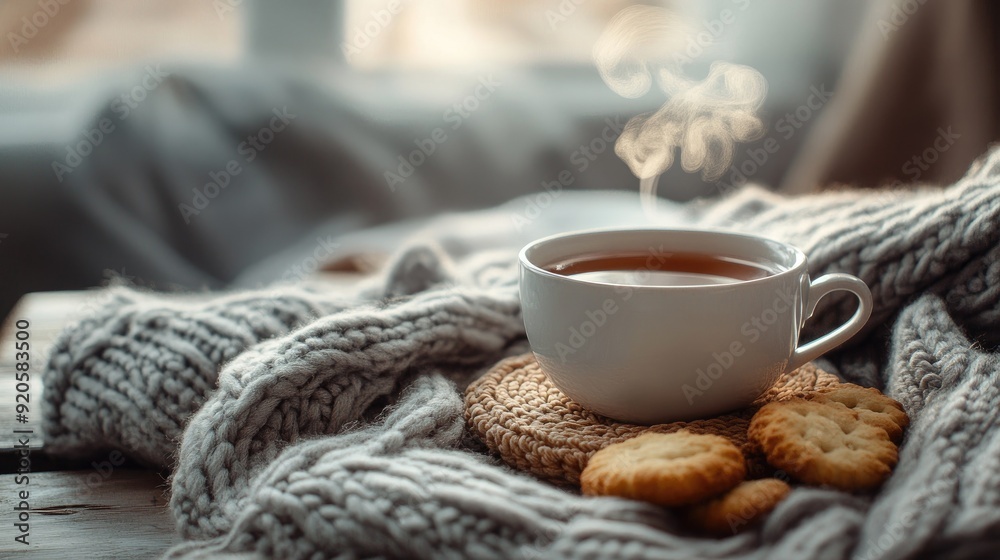 A cozy tea set with a knitted coaster, steam rising from the teacup, and biscuits on the side. Copy space above. A cozy tea set with a knitted coaster, steam rising from the teacup, and biscuits on the side. Copy space above.