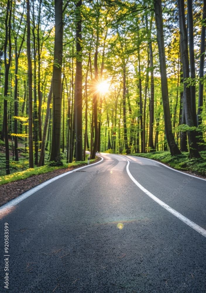 A winding road through a lush green forest illuminated by sunlight. A winding road through a lush green forest illuminated by sunlight.