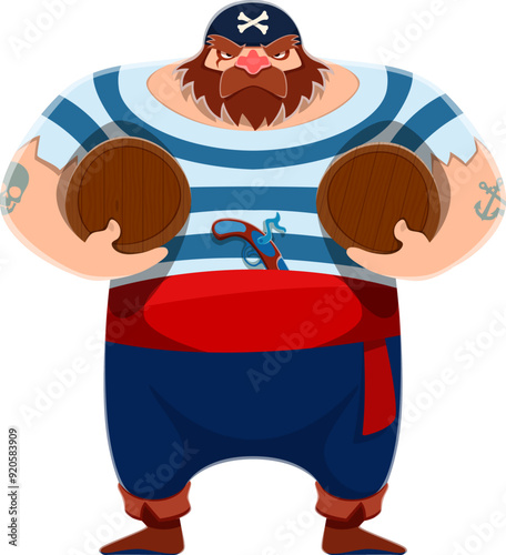 Cartoon pirate or corsair character with big rum barrels, vector sailor man personage. Pirate skipper or boatswain corsair and filibuster man in bandana with crossbones, musket gun and rum barrels