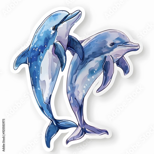 Playful dolphin sticker design on a white background, capturing the joyful spirit of these intelligent marine mammals. This charming artwork showcases a friendly dolphin in a dynamic pose, making it a photo