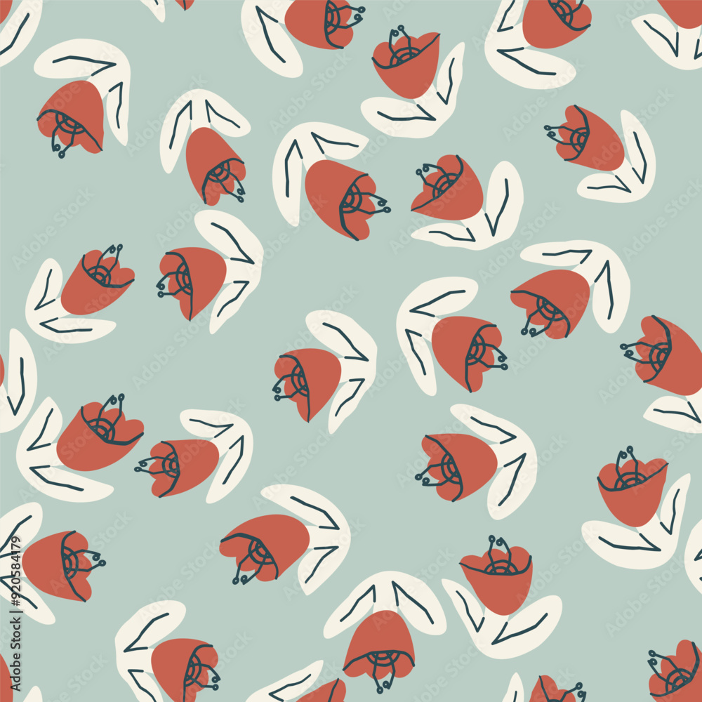 Fototapeta premium Floral seamless pattern with red tulips and leaves. Vector background, print, design