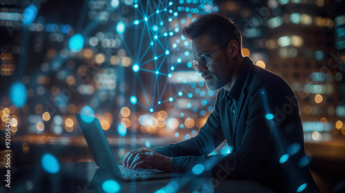 Software developer working late with an abstract network effect surrounding him