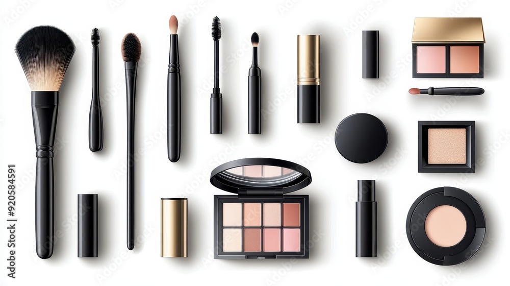 3d Makeup Cosmetic Product Concept,Lipstick,eyeshadow palette Eyeliner,cheek Blush,Foundation bottle,Cushion bb cream,Face Powder and Professional Brush,cosmetic brush Vector illustration. 3d Makeup Cosmetic Product Concept,Lipstick,eyeshadow palette Eyeliner,cheek Blush,Foundation bottle,Cushion bb cream,Face Powder and Professional Brush,cosmetic brush Vector illustration.