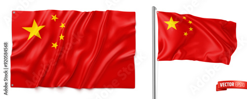 Vector realistic illustration of Chinese flags on a white background.