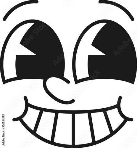 Cartoon comic groovy face with funny eyes and toothy smile. Emotion and retro cute emoji character. isolated vector happy personage with delighted facial expression. Cartoon comic smiling funky face